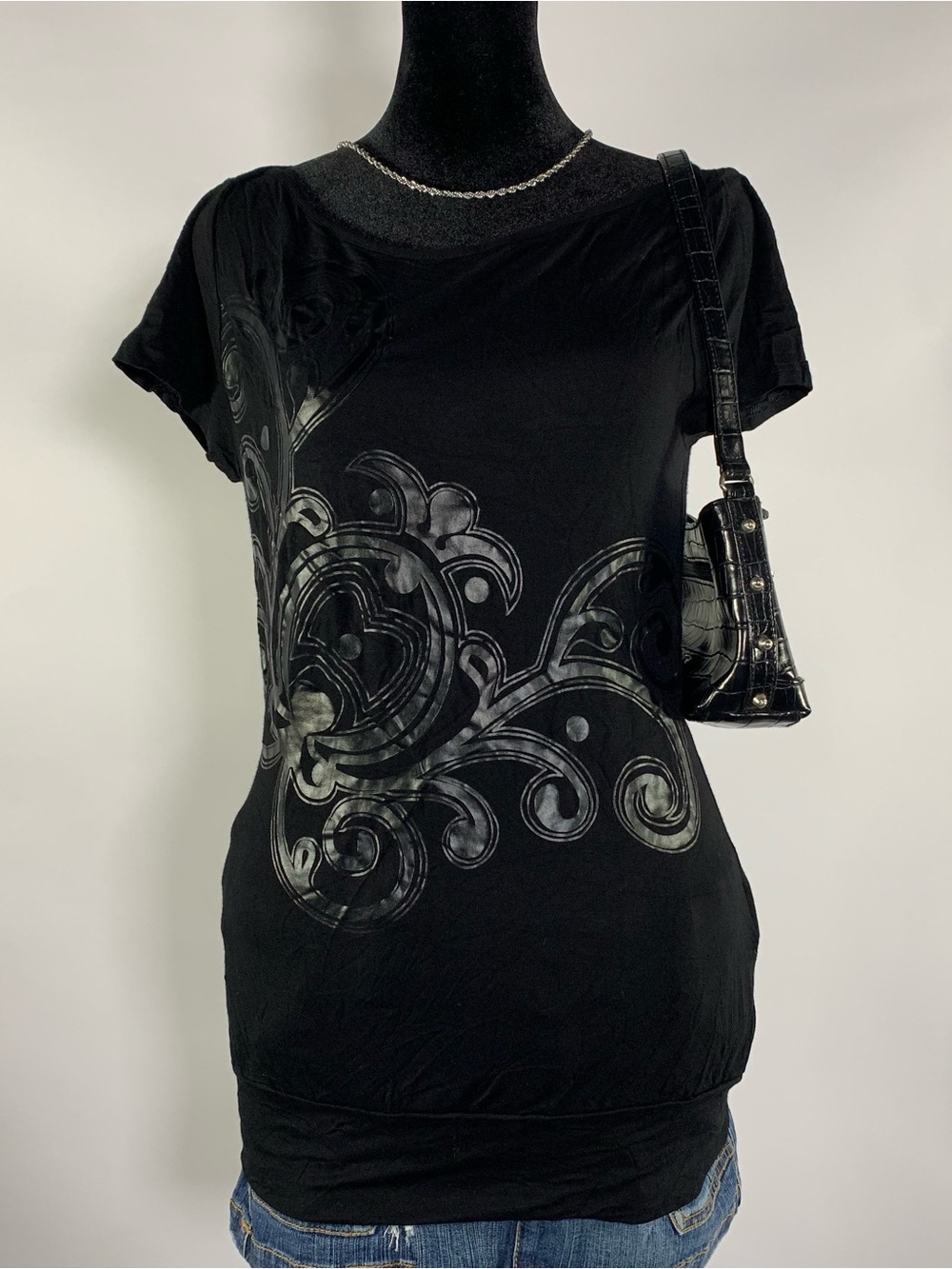 2010s H&M Black Tonal Graphic Tunic Top XS